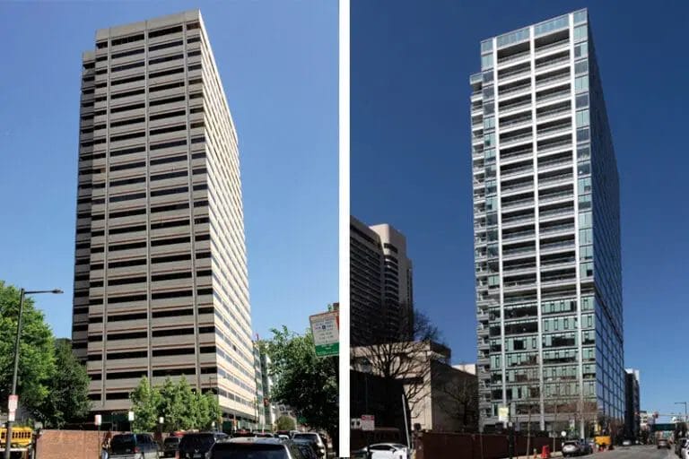 Before and after the remodeling of the Franklin Tower in Philadelphia.