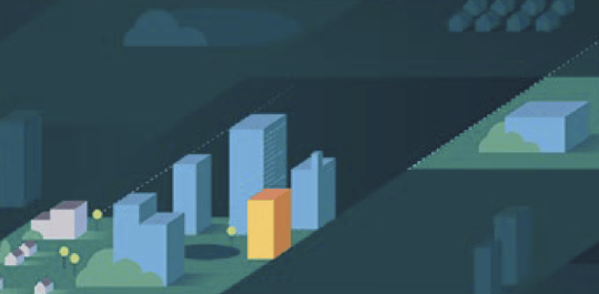 Graphic depicting a buildings and green area as part of a cityscape.