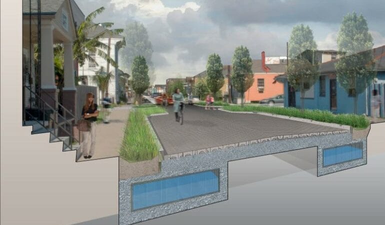 Ilustración muestra cómo el rediseño de calles con elementos como jardines pluviales y pavimento permeable puede ayudar a frenar y almacenar el agua pluvial.
