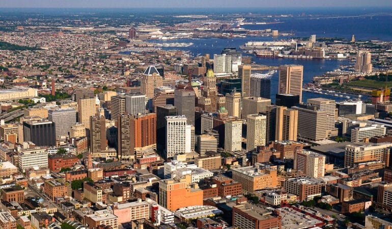 Aerial view of the city of Baltimore.