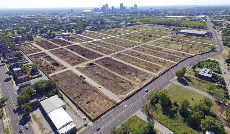 Aerial view of vacant lots on the outskirts of the city of St. Louis