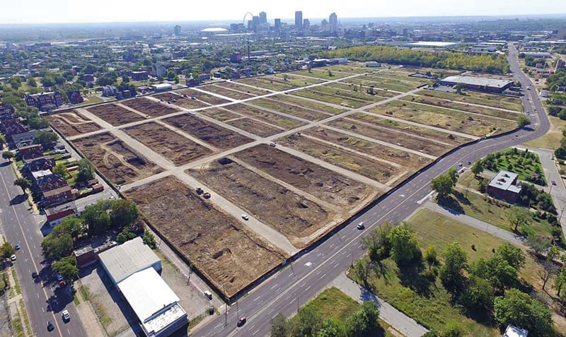 Aerial view of vacant lots on the outskirts of the city of St. Louis