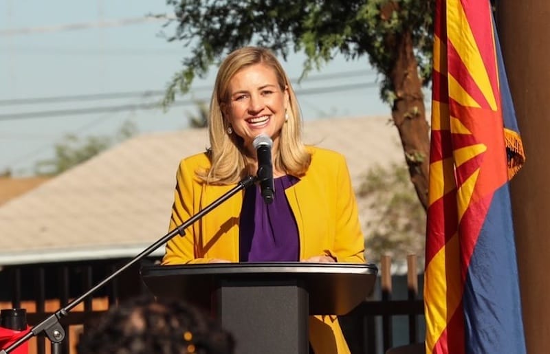 Mayor Kate Gallego speaks from a podium.
