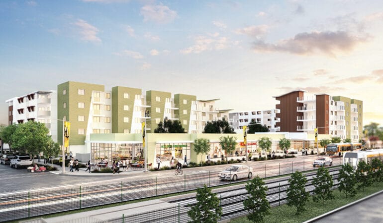 An architect's rendering shows a mixed-use condo development along Los Angeles' Metro Expo/Vermont rail line.