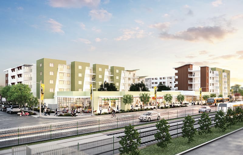 An architect's rendering shows a mixed-use condo development along Los Angeles' Metro Expo/Vermont rail line.