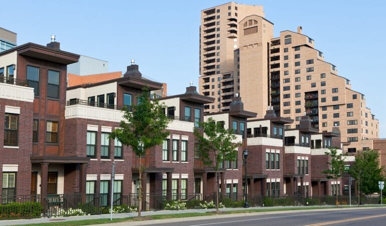 A row of brick housing in Minneapolis.