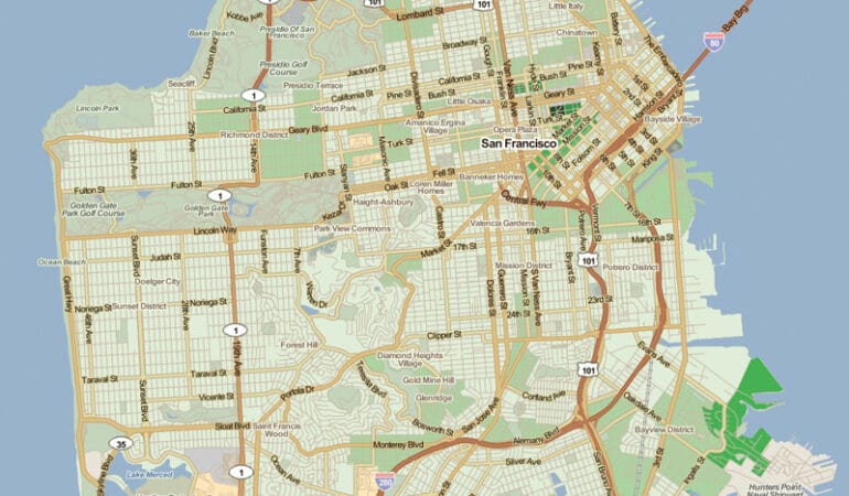 Map of San Francisco with areas with low percentages of affordable housing indicated in light green.