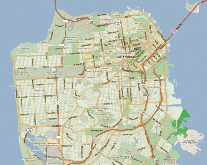 Mapa de San Francisco con áreas con bajos porcentajes de viviendas sociales indicadas en verde claro.