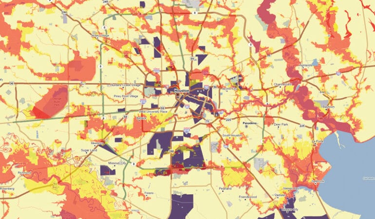 Map of Houston area showing brownfields located in flood zones