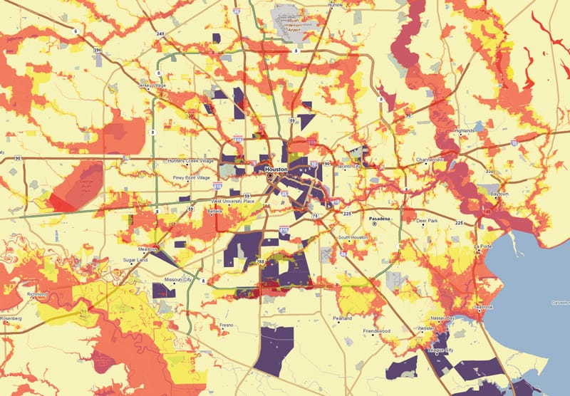 Map of Houston area showing brownfields located in flood zones