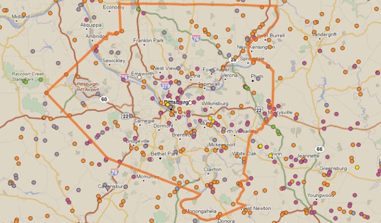 Map showing the location of structurally deficient bridges in Allegheny County