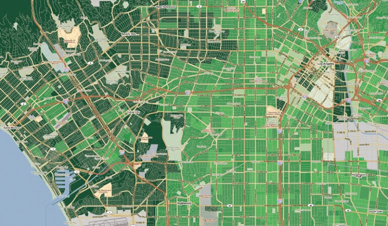 Map of Los Angeles County. Areas of darker green