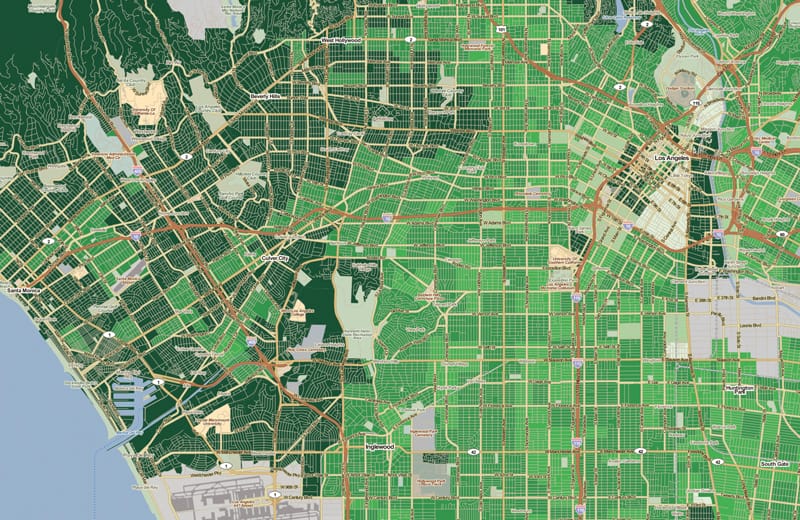 Map of Los Angeles County. Areas of darker green
