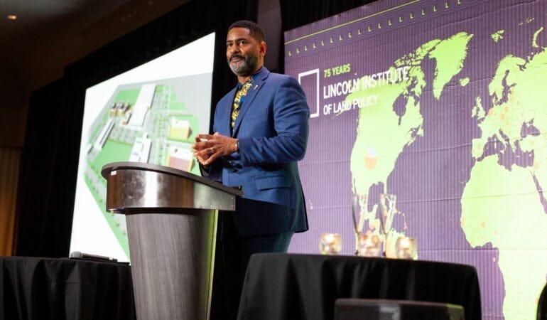 Reverend Otis Moss III delivers the keynote address at the Lincoln Institute's 75th anniversary celebration.