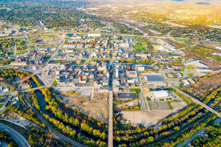 This photo shows an aerial shot of the city of Youngstown