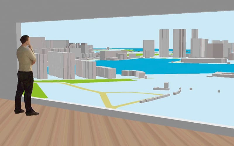 A virtual model shows the line of sight from inside an apartment toward a city skyline