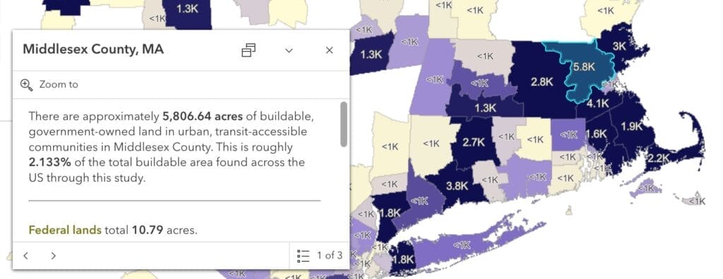 A map of Massachusetts indicating the number of acres of buildable government-owned land in each county.