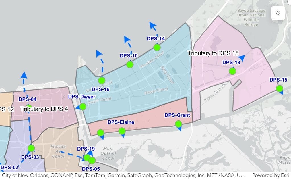 Partial map of New Orleans drainage pump stations.