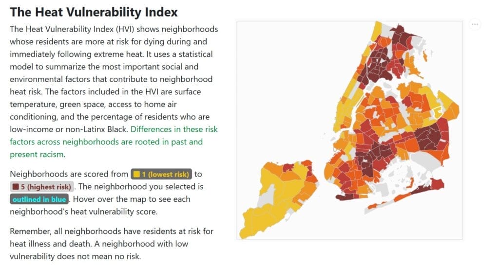 Map of heat vulnerability by neighborhood in New York City.