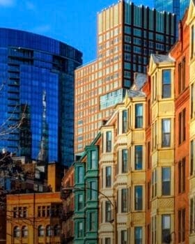 Photo of the exterior of a row of buildings on a street in the Back Bay neighborhood of Boston.
