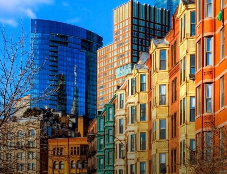 Photo of the exterior of a row of buildings on a street in the Back Bay neighborhood of Boston.
