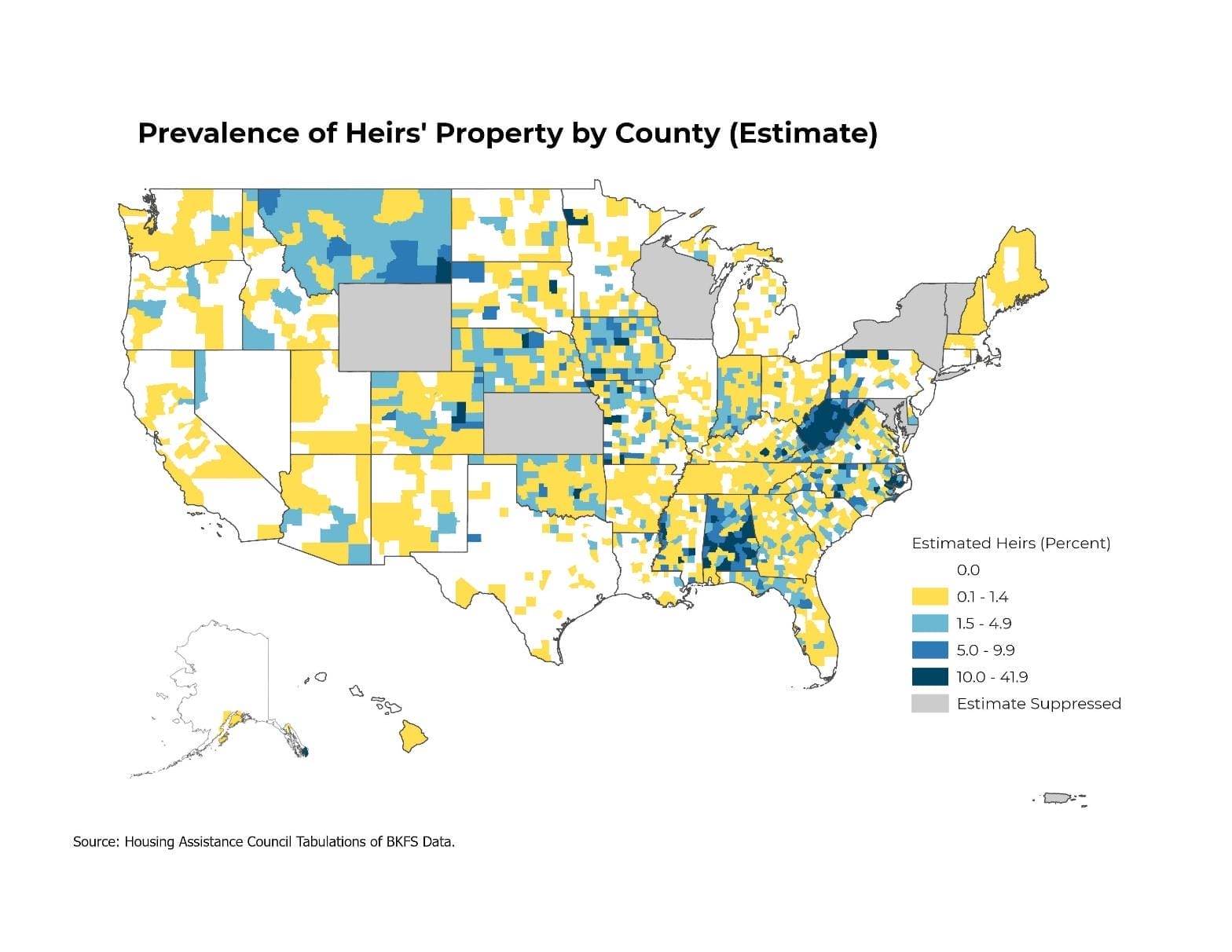 A map of the prevalence of heirs property by county across the United States shows categories that range from no data to property ownership by heirs of up to 41.9 percent. Higher percentages are visible in the mid-Atlantic, the South, and the Plains states through and including Montana.