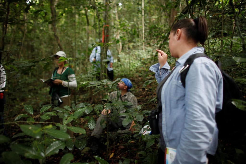 Several citizen scientists participate in a Conservation Trust of Puerto Rico project in a wooded area. In the foreground, a woman with a backpack and light blue, long-sleeved shirt faces away from the camera and points out a feature to the other people.