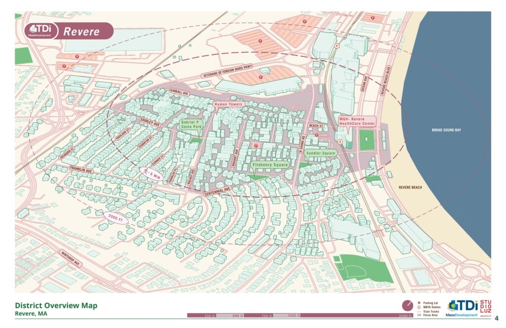 A map of the Transformative Development Initiative district in Revere, Massachusetts identifies local landmarks including transit infrastructure. Revere Beach is on the righthand side of the map.