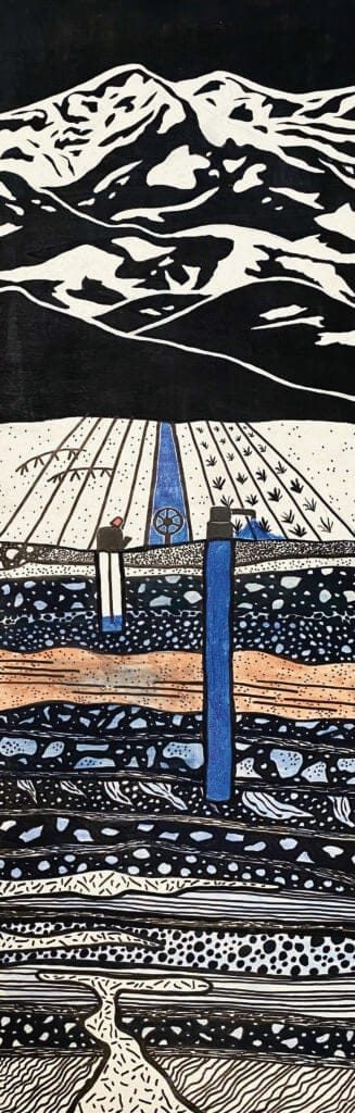 Una pintura larga, donde los colores dominantes son el azul, blanco, y el negro. La pintura muestra el trayecto que toma el agua, desde las montañas en la parte de arriba de la pintura, el riego, y los acuíferos en el subsuelo.