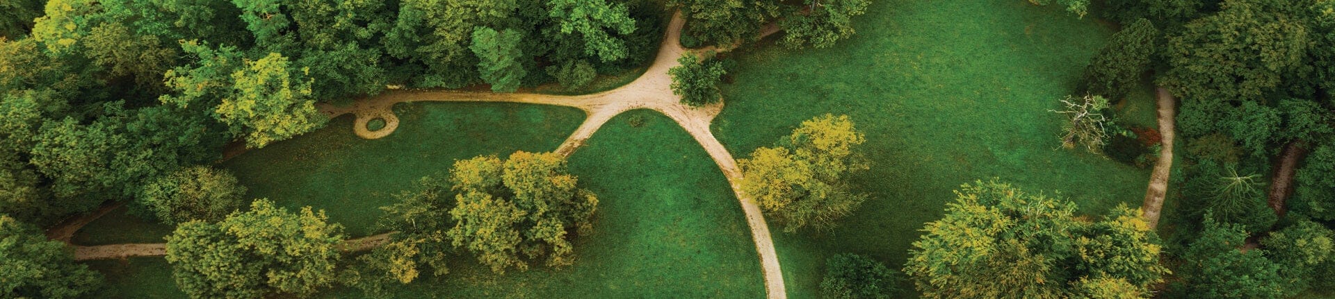 Aerial view of green park with walking paths.