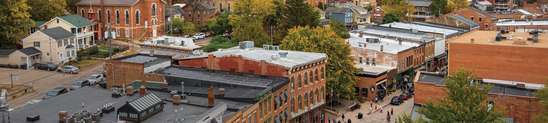 Aerial image of historic downtown center and business district