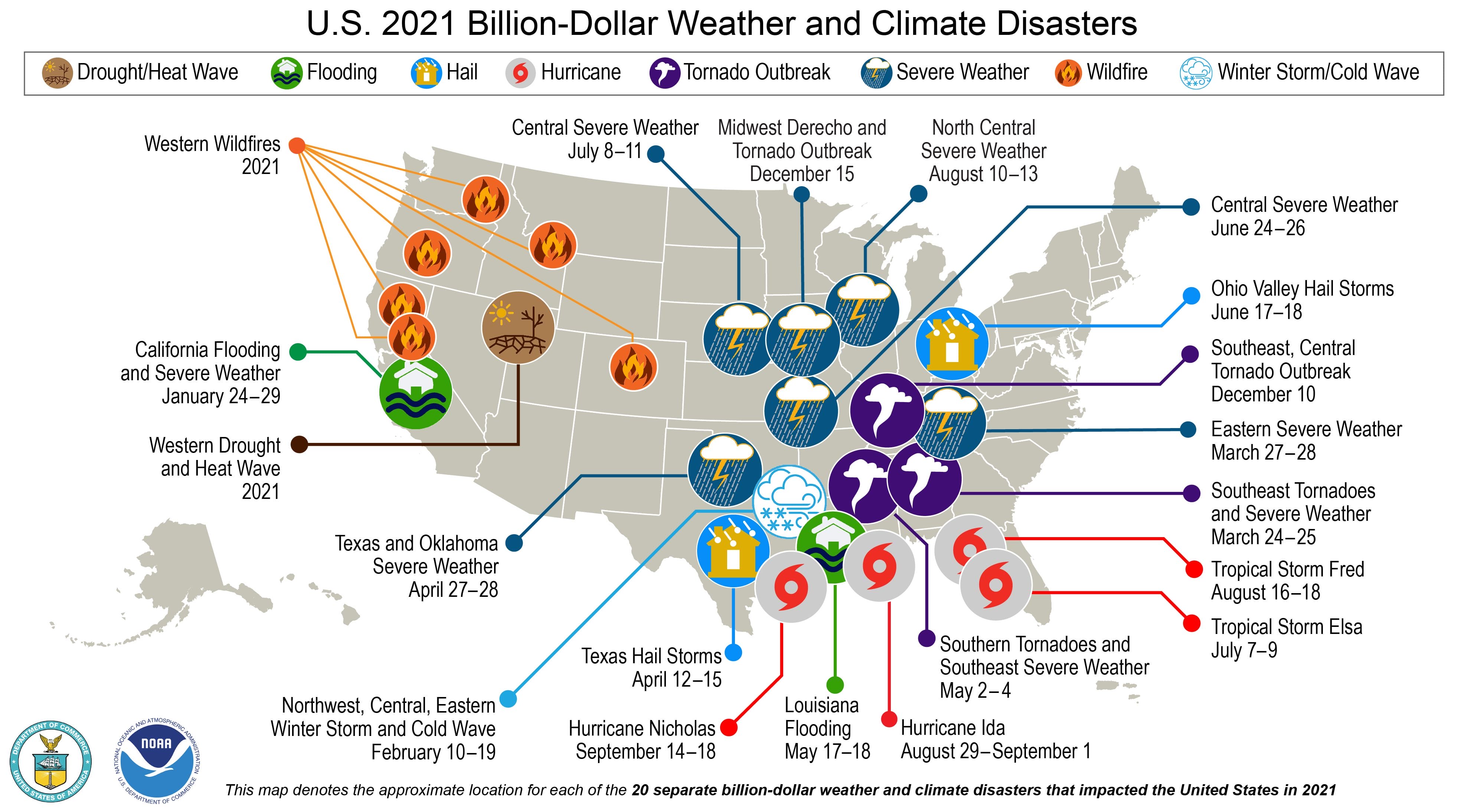 Map of the 20 billion-dollar weather and climate disasters that impacted the United States in 2021. Credit: NOAA National Centers for Environmental Information (NCEI).