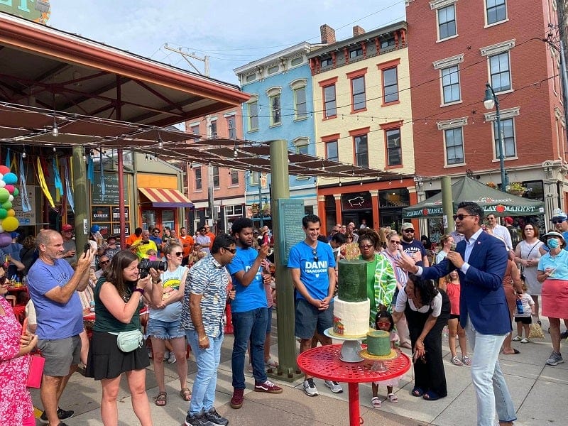 Aftab Pureval speaks at a public event in Cincinnati