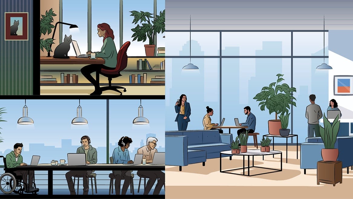 Illustration of people in open office spaces