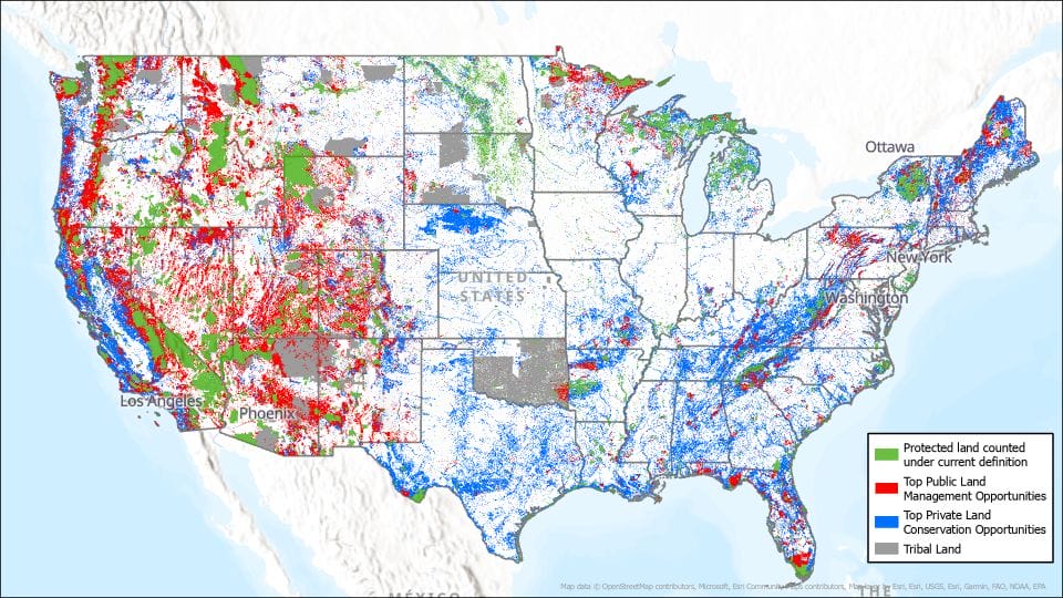 Map showing top public land management and conservation opportunities in America