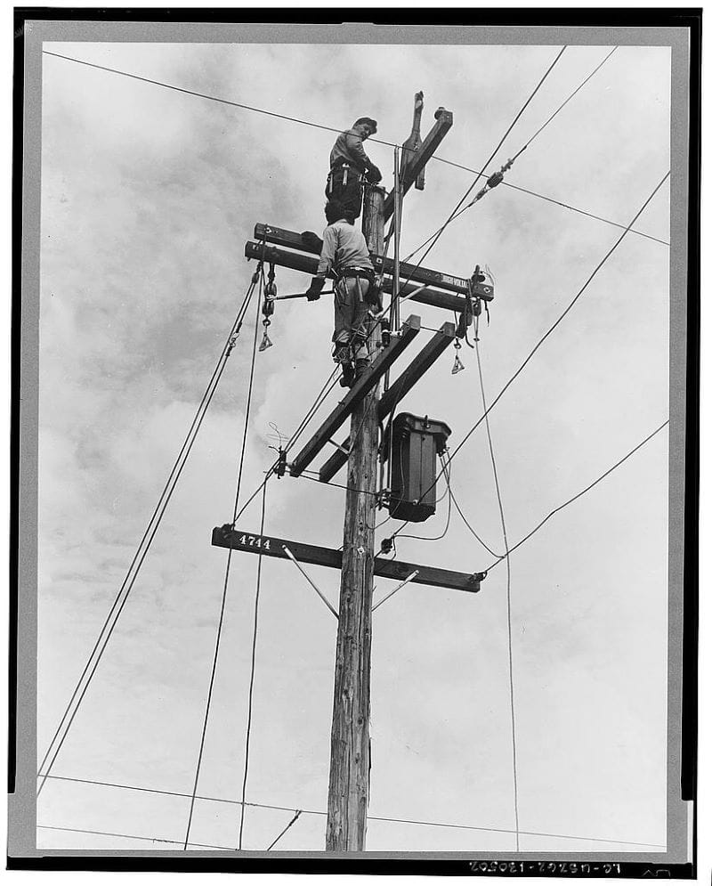 Rural electrification work in the 1930s in California's San Joaquin Valley.