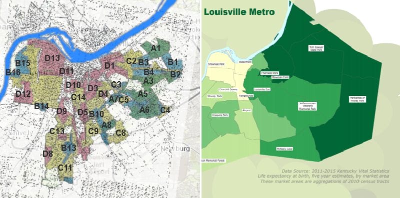 Redlining and health outcome maps, Louisville, Kentucky
