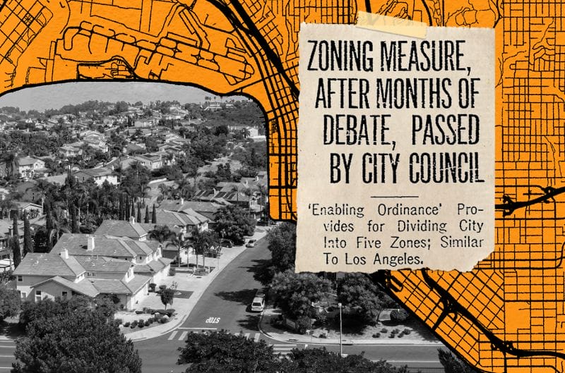 Archival headline announces approval of zoning in San Diego, 1923