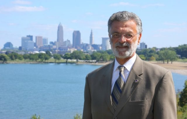 Mayor Frank Jackson, with Lake Erie and downtown Cleveland behind him. Credit: Courtesy of City of Cleveland.
